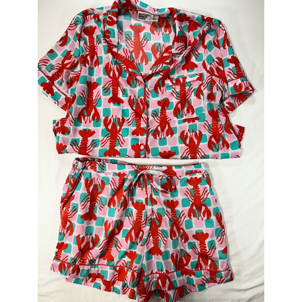 Bouffants & Broken Hearts Lobster Pajama Set Pink Teal Red Large Short Sleeve
